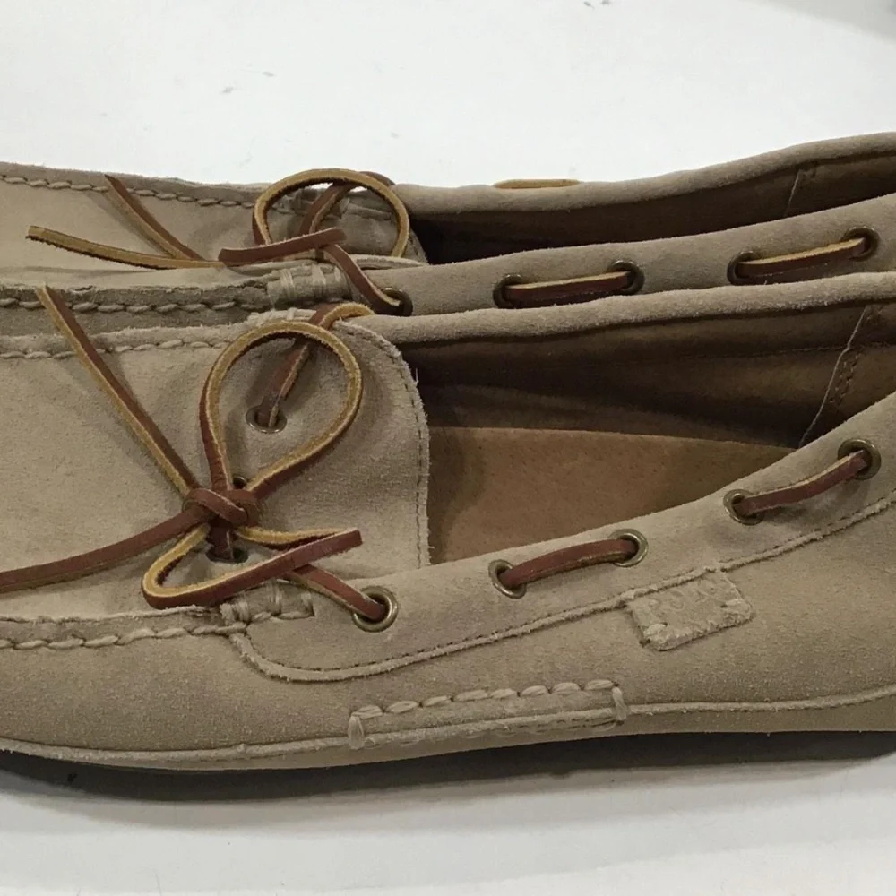 Men’s Polo Ralph Lauren Tan Suede Driving Loafers with Tie Detail Size 10D